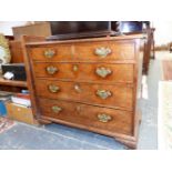 AN 18th C. OAK CHEST OF TWO SHORT AND THREE GRADED LONG DRAWERS ON SHAPED BRACKET FEET. W 84.5 x D