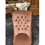 A VICTORIAN WALNUT CARVED SHOW FRAME NURSING CHAIR WITH FLORAL UPHOLSTERY TOGETHER WITH A ROSEWOOD