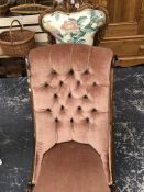 A VICTORIAN WALNUT CARVED SHOW FRAME NURSING CHAIR WITH FLORAL UPHOLSTERY TOGETHER WITH A ROSEWOOD