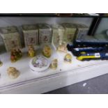 A QUANTITY OF BEATRIX POTTER FIGURINES AND BOXES, TOGETHER WITH TWO TRIANG STOCK TRAINS, A HORNBY