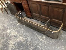 TWO ANTIQUE "D" FORM FIRE FENDERS. LARGEST W. 155cms. TOGETHER WITH A LATER WROUGHT IRON FIRE SCRE