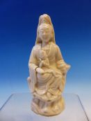 A BLANC DE CHINE FIGURE OF GUANYIN WITH A CHILD ON HER LAP. H 15.5cms.