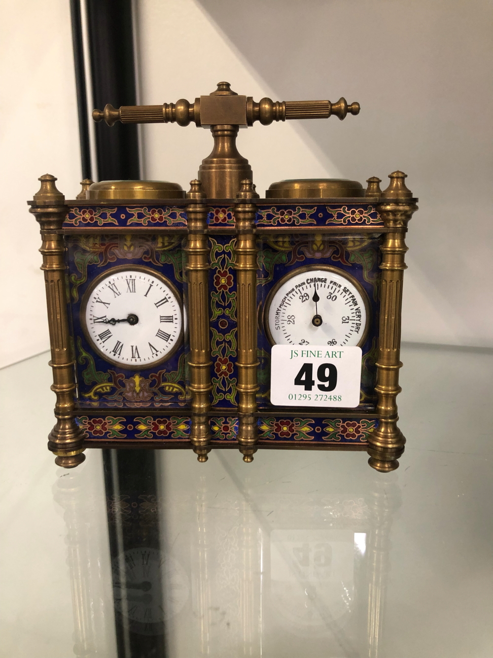 A MODERN CLOISONNE ENAMEL CLOCK / BAROMETER DESK PIECE.