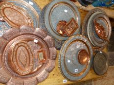 VARIOUS EASTERN COPPER AND INLAID TRAYS.