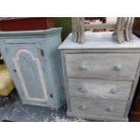 A PALE BLUE PAINTED 19th C. PINE THREE DRAWER CHEST. W 69 x D 57.5 x H 86cms. TOGETHER WITH A