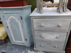 A PALE BLUE PAINTED 19th C. PINE THREE DRAWER CHEST. W 69 x D 57.5 x H 86cms. TOGETHER WITH A