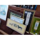 TWO FRAMED BOOK MARKS, A WATERCOLOUR, AND OTHER PICTURES.