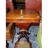 A VICTORIAN BURR WOOD WORK AND WRITING TABLE, THE RECTANGULAR LID WITH PULL DOWN LEATHER INSET