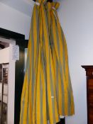 TWO PAIRS OF MUSTARD YELLOW AND DENIM CURTAINS. 7ft 6" DROP X 7ft WIDE EACH.