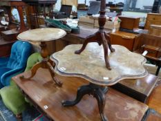 TWO WALNUT TRIPOD TABLES TOGETHER WITH ANOTHER IN MAHOGANY TALLER. H 53cms.