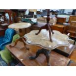 TWO WALNUT TRIPOD TABLES TOGETHER WITH ANOTHER IN MAHOGANY TALLER. H 53cms.