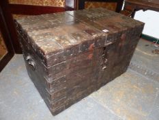 A VICTORIAN IRON BOUND OAK TRUNK, THE LID CLOSE NAILED FOR MRS ASH, THE INTERIOR PAPER LINED. W 7