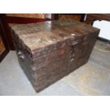 A VICTORIAN IRON BOUND OAK TRUNK, THE LID CLOSE NAILED FOR MRS ASH, THE INTERIOR PAPER LINED. W 7