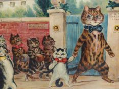 A PAIR OF ANTIQUE COMIC COLOUR PRINTS OF CATS IN A SCHOOL ROOM, THE GOOD PUSS AND THE NAUGHTY