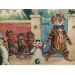 A PAIR OF ANTIQUE COMIC COLOUR PRINTS OF CATS IN A SCHOOL ROOM, THE GOOD PUSS AND THE NAUGHTY