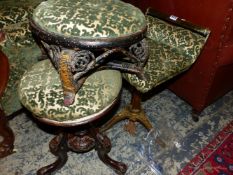 TWO VICTORIAN PIANO STOOLS AND A FOOT STOOL UPHOLSTERED EN SUITE