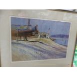 ALAN SIMPSON (CONTEMPORARY SCHOOL) ARR. LANGSTONE HARBOUR, SIGNED, PASTEL. 49 x 70cms EXHIBITION