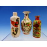 A CHINESE CLOBBERED MINIATURE VASE. H 7cms. A SNUFF BOTTLE PAINTED WITH CHICKENS AND A CANTON