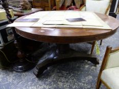 A 19th C. YEW WOOD BANDED ROSEWOOD CIRCULAR BREAKFAST TABLE ON OCTAGONAL COLUMN. TRIPARTITE PLINTH