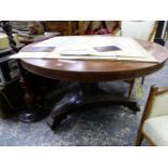 A 19th C. YEW WOOD BANDED ROSEWOOD CIRCULAR BREAKFAST TABLE ON OCTAGONAL COLUMN. TRIPARTITE PLINTH