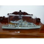 TWO MODEL WW2 BATTLE SHIPS ONE IN PERSPEX CASE.