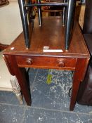 A 19th C. MAHOGANY PEMBROKE TABLE WITH A DRAWER TO ONE END AND ON TAPERING SQUARE SECTIONED LEGS.