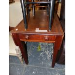 A 19th C. MAHOGANY PEMBROKE TABLE WITH A DRAWER TO ONE END AND ON TAPERING SQUARE SECTIONED LEGS.