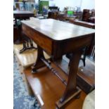 A VICTORIAN MAHOGANY SIDE TABLE WITH FLAT FRONTED DRAWER, WAISTED PILASTERS EACH NARROW END JOINED