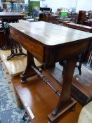 A VICTORIAN MAHOGANY SIDE TABLE WITH FLAT FRONTED DRAWER, WAISTED PILASTERS EACH NARROW END JOINED