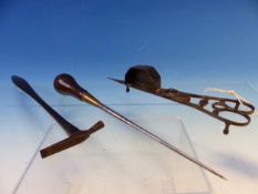 AN ARTISANS PRECISION HAMMER, AN AWL WITH A ROSEWOOD HANDLE TOGETHER WITH AN IRON CANDLE TRIMMER