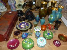 VARIOUS ORIENTAL CLOISONNE BOXES AND VASES ETC.