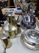A SILVER PLATED FOUR PIECE TEA SET WITH MATCHING KETTLE ON STAND, A MEAT COVER AND OTHER PLATED