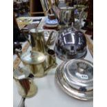 A SILVER PLATED FOUR PIECE TEA SET WITH MATCHING KETTLE ON STAND, A MEAT COVER AND OTHER PLATED