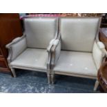 A PAIR OF MODERN PAINTED WOOD SHOW FRAME ARMCHAIRS, THE SQUARE BACKS AND SEATS UPHOLSTERED IN BEIGE