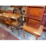 A GEORGE III MAHOGANY CONVERTED WASH STAND, TWO MAHOGANY TABLES TOGETHER WITH A MAHOGANY OPEN BOOK