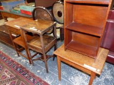 A GEORGE III MAHOGANY CONVERTED WASH STAND, TWO MAHOGANY TABLES TOGETHER WITH A MAHOGANY OPEN BOOK