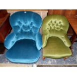 TWO SIMILAR BUTTON BACK NURSING CHAIRS, THE LARGER UPHOLSTERED IN BLUE VELVET THE SMALLER IN GREEN