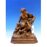 A 19th C. TERRACOTTA GROUP AFTER CLODION OF A FEMALE SATYR SEATED WITH ONE CHILD ON HER KNEE PLAYING