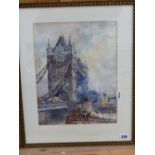 20th.C. ENGLISH SCHOOL. TOWER BRIDGE. 38 x 29.5cms. TOGETHER WITH FOUR OTHER LANDSCAPE