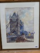 20th.C. ENGLISH SCHOOL. TOWER BRIDGE. 38 x 29.5cms. TOGETHER WITH FOUR OTHER LANDSCAPE