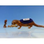 AN AUSTRIAN COLD PAINTED BRONZE OTTER WITH FISH IN ITS MOUTH PIN CUSHION. W 19cms. TOGETHER WITH A