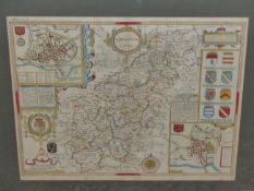 AN ANTIQUE HAND COLOURED MAP AFTER JOHN SPEED OF NORTHAMPTONSHIRE. 41 x 52cms