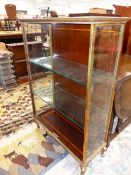 A VINTAGE F SAGE GLAZED BRONZE DISPLAY CABINET WITH GLASS ADJUSTABLE SHELVES AND A SATIN WOOD BANDED