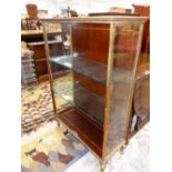 A VINTAGE F SAGE GLAZED BRONZE DISPLAY CABINET WITH GLASS ADJUSTABLE SHELVES AND A SATIN WOOD BANDED