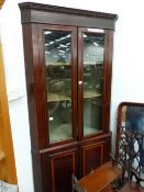 A 19th C. LINE INLAID MAHOGANY CORNER CUPBOARD, THE BLIND FRET TOP OVER GLAZED DOORS, THE BASE