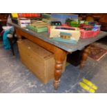 A VICTORIAN SLATE TOPPED PINE TABLE WITH A DRAWER TO EACH END ABOVE THE BALUSTER TURNED LEGS. W