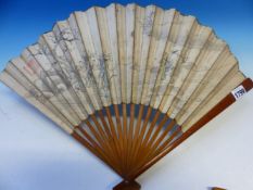 A CHINESE BAMBOO FAN, THE SILK LEAF PAINTED WITH FOUR MEN WORKING IN A LANDSCAPE ON ONE SIDE AND