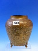 A CHINESE BRONZE THREE FOOTED OVOID VASE WITH RELIEF PANELS OF MEN DANCING AND FIGHTING, SIX