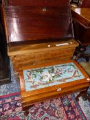 AN OAK AND BEAD WORK STOOL CONTAINING NEEDLE WORK ITEMS. W 57cms. AN OAK BOX. W 70.5cms. AND AN