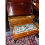 AN OAK AND BEAD WORK STOOL CONTAINING NEEDLE WORK ITEMS. W 57cms. AN OAK BOX. W 70.5cms. AND AN